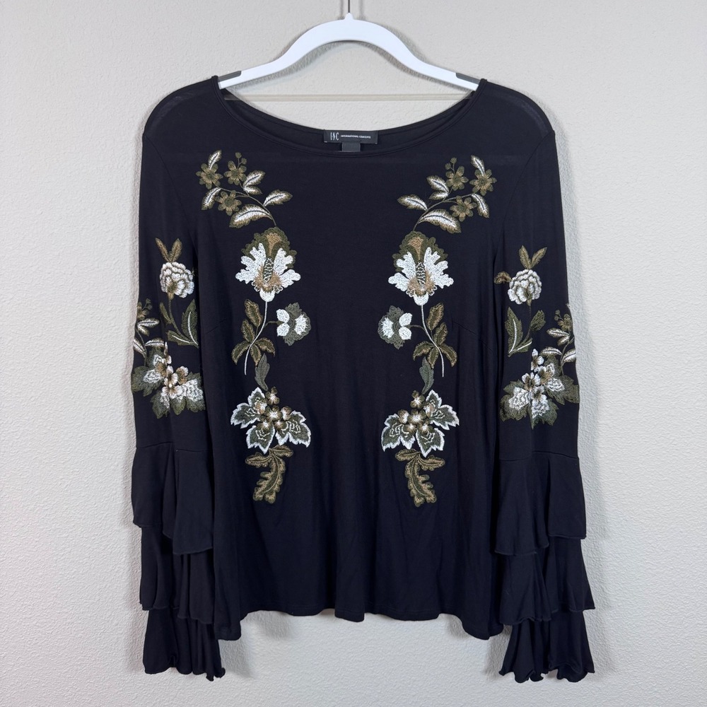 INC Floral Embroidered Black Ruffle Bell Sleeve Top Peasant Ren Faire Whimsy M
